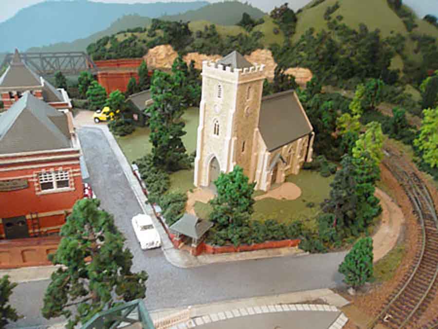 model railway layout church