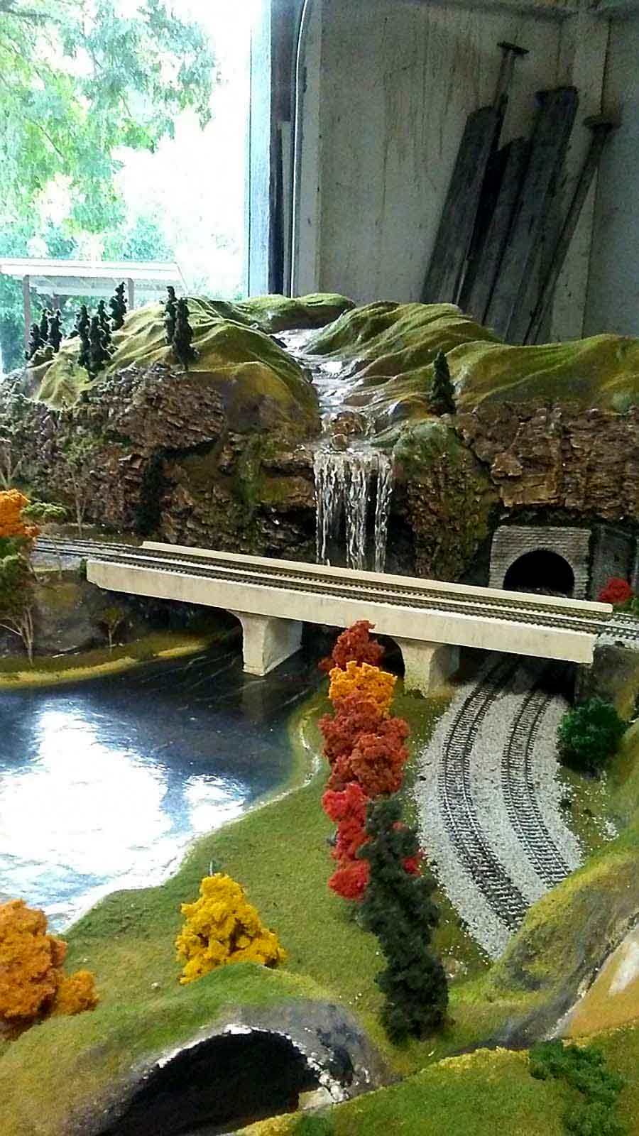 model train bridge waterfall