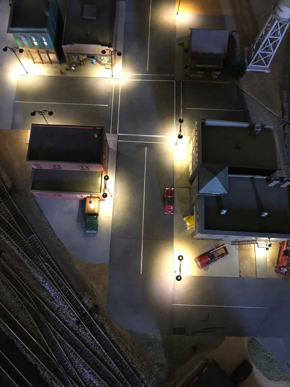 HO scale overhead view of fire station at night