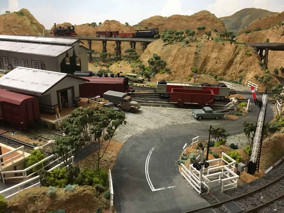 model railroad with backdrop