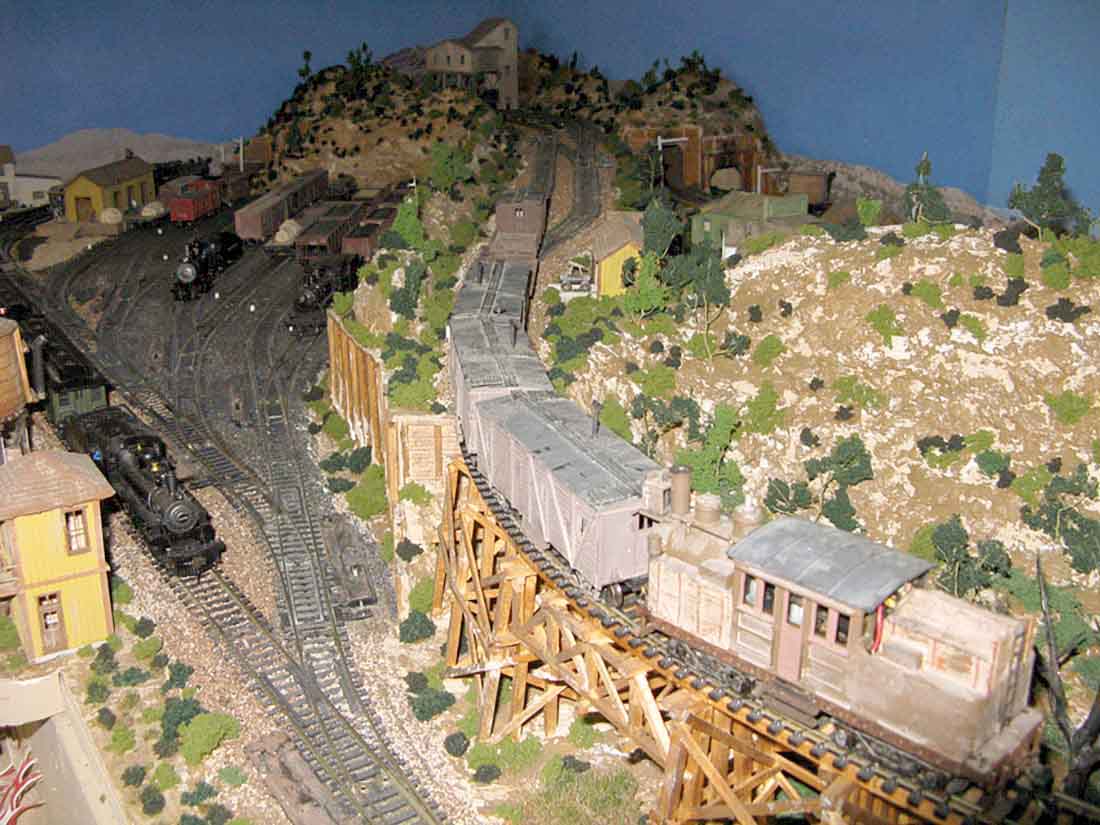 HO scale trestle bridge with locomotive