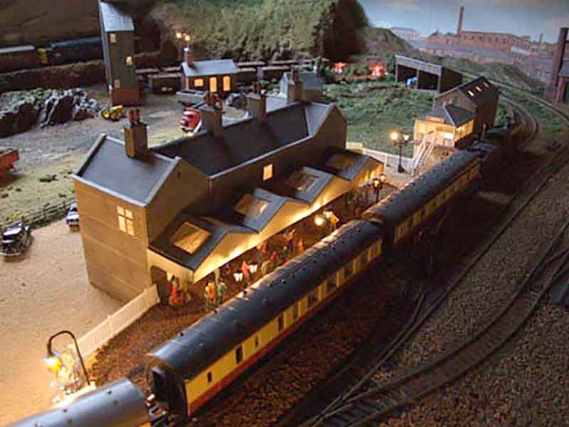 model railroad station night