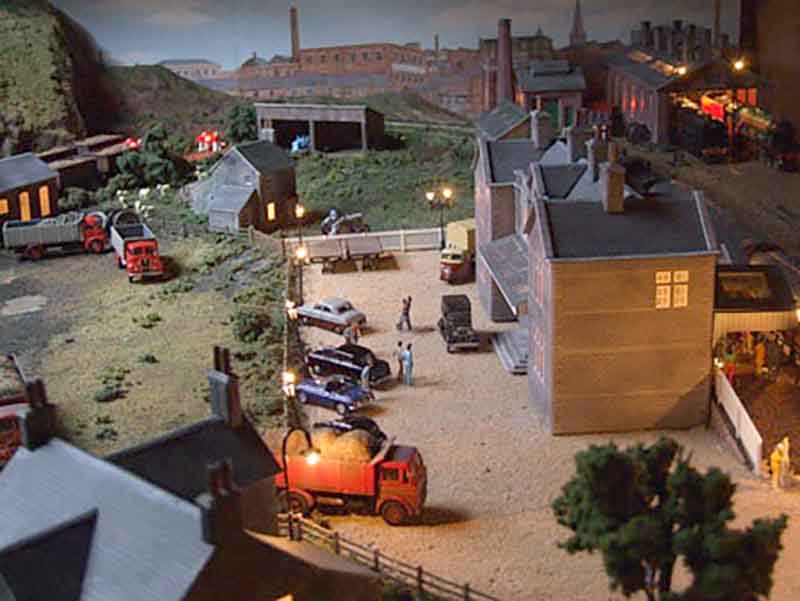 model railroad town night