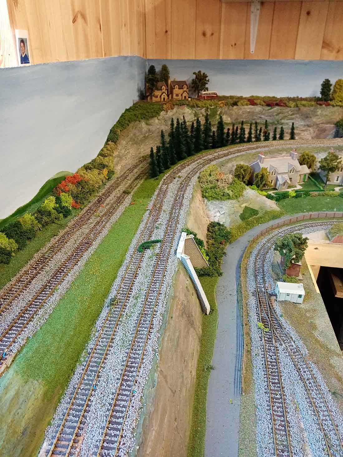 model railway embankment train layout shed
