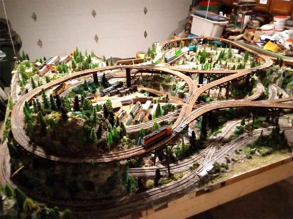 HO scale model railroad track and scenery