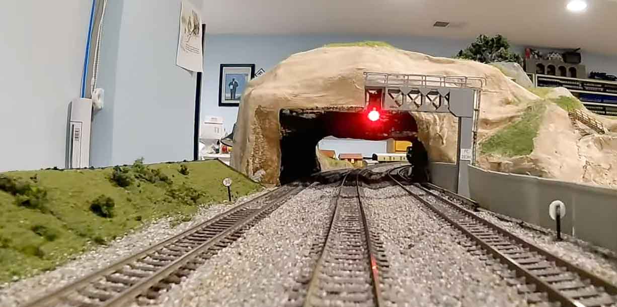 model railway red signal tunnel