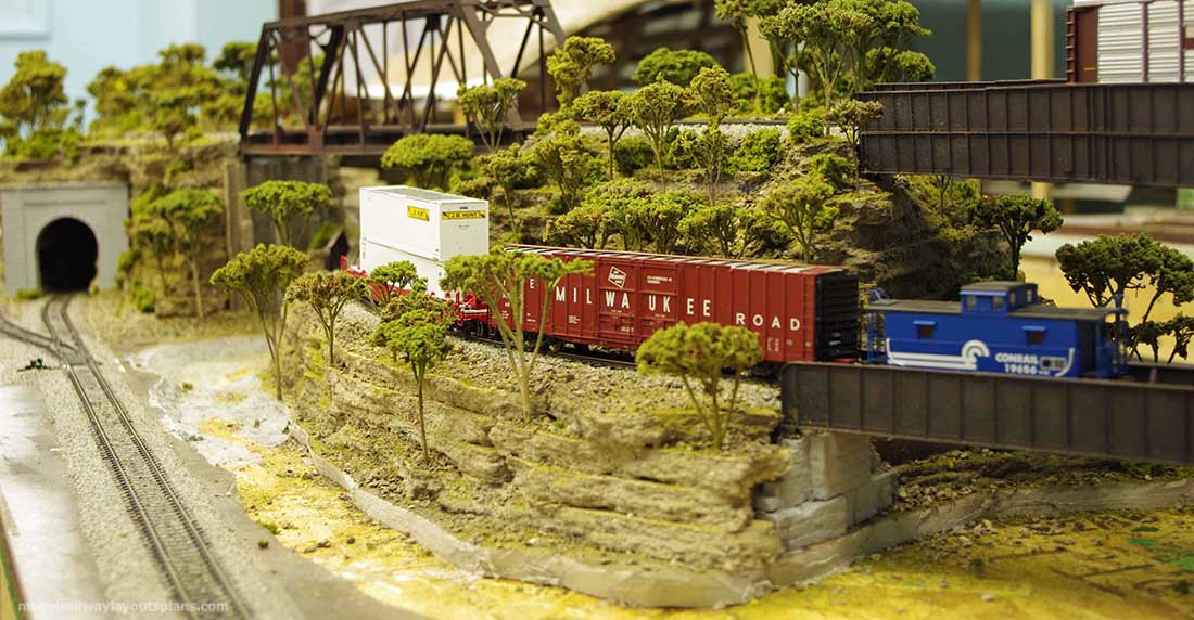 model railroad bridge scene