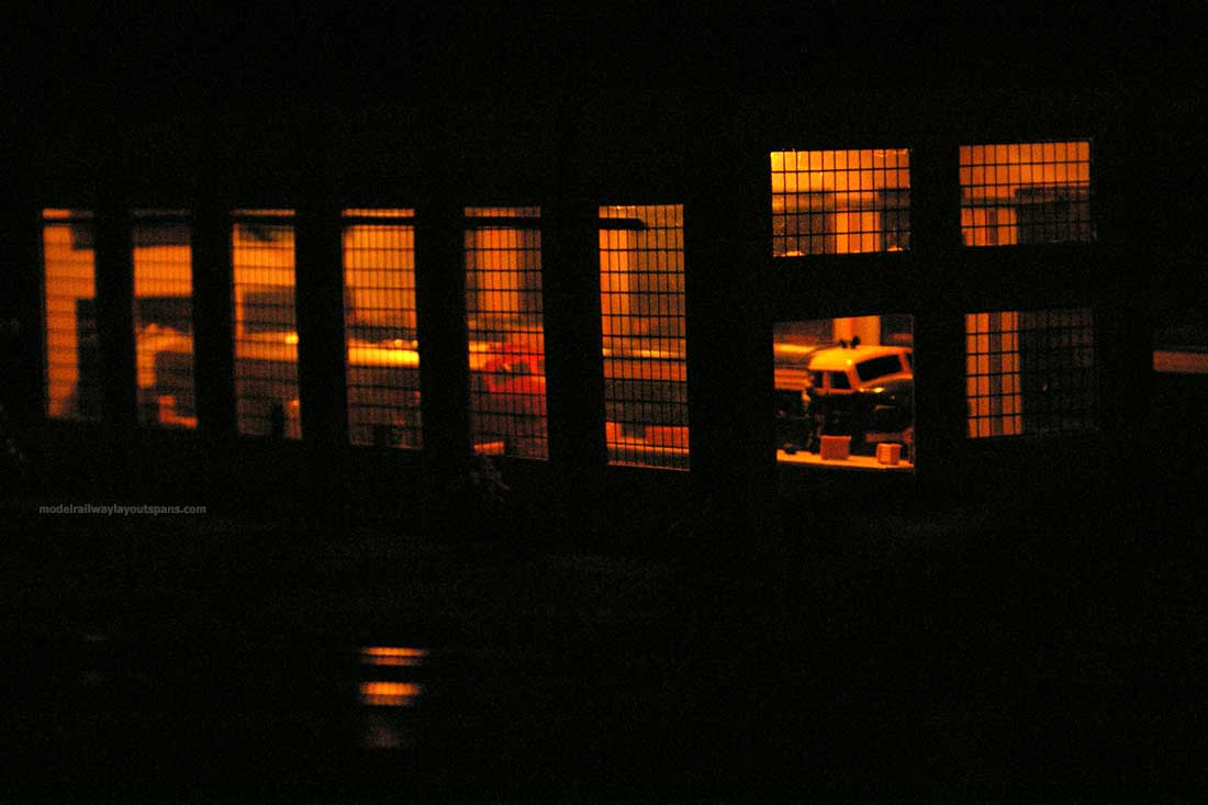 trackside engine house at night