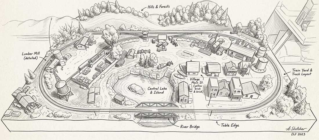 ai sketch of planned layout for building a modular train layout
